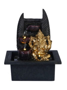 Chronikle Polyresin Ganesha Idol Table Top Indoor Home Decor 2 Designer Steps Waterfall Fountain with Yellow LED Lights & Speed Controller Pump ( Size: 26 x 21 x 18.5 CM | Color: Brown & Golden)