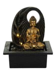 Chronikle Polyresin Brown & Golden Buddha Showing Namaskara Sign Table Top Home Decor Indoor 3 Steps Water Fountain with Yellow LED & Speed Controller Pump (Size: 25 x 21 x 18.5 CM | Weight: 1040 grm)