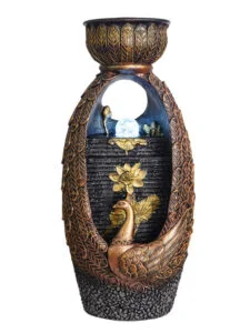 Chronikle Polyresin Peacock Designer Table Top Indoor Home Decor Water Fountain with Light Multicolor LED Lights & Speed Controller Pump (Size: 41 X 22 X 95 CM | Color: Golden & Grey | Weight: 3240 grm )