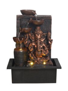 Chronikle Polyresin Brown & Golden Ganesha Idol Table Top Indoor 4 Diya Steps Home Decor  Water Fountain with Yellow LED Light & Water Flow Controller Pump (Size: 39 x 29.5 x 22 CM | Weight: 2195 grm)