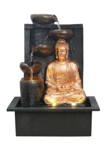 Chronikle Polyresin Brown & Golden Meditating Buddha Table Top Home Decor Indoor 4 Diya Steps Water Fountain with Yellow LED Lights & Speed Controller Pump (Size: 40 x 29.5 x 22 CM | Weight: 2685 grm)
