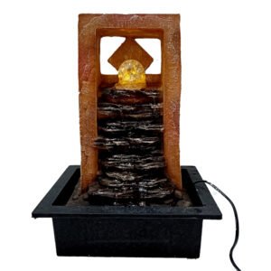 Chronikle Polyresin Brown & Golden Designer Table Top Indoor Rock Finish Waterfall Fountain with Yellow LED Lights, Speed Controller Pump & Rotating Ball (Size: 40.5 x 29.5 x 22 CM | Weight: 2240 grm)