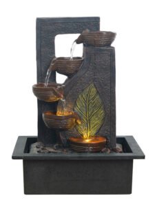 Chronikle Polyresin Table Top Black 4 Diya Steps & Green Leaf Design Indoor Home Decor Waterfall Fountain With Yellow LED Lights & Speed Controller Pump ( Size: 40 x 29.5 x 22 CM | Weight: 2250 grm)