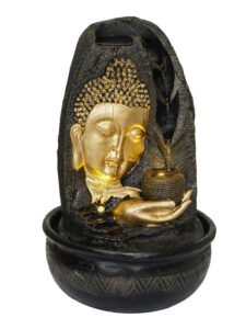 Chronikle Polyresin Brown & Golden Buddha Table Top Home Decor Indoor 4 Artistic Steps Waterfall Fountain with Yellow LED Lights & Speed Controller Pump ( Size: 41 x 25 x 25 CM | Weight: 1860 grm )