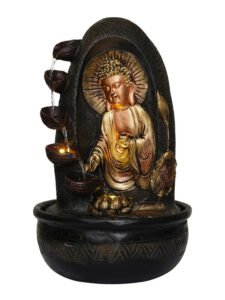 Chronikle Polyresin Brown & Golden Buddha Table Top Home Decor Indoor 5 Diya Steps Waterfall Fountain with Yellow LED Lights & Water Flow Controller Pump ( Size: 41 x 25 x 25 CM | Weight: 2000 grm )
