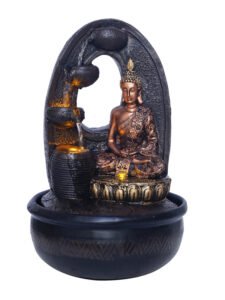 Chronikle Polyresin Brown & Golden Meditating Buddha Table Top Home Decor Indoor 4 Diya Steps Water Fountain with Yellow LED Lights & Speed Controller Pump (Size: 40 x 25 x 25 CM |Weight: 2180 grm)
