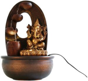 Chronikle Polyresin Brown and Golden Table Top Ganesha Idol Indoor Home Decor 4 Steps Water Fountain with Yellow LED Lights & Water Flow Controller Pump ( Size: 25 X 25 X 41 CM | Weight: 1735 grm )