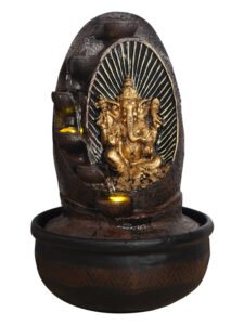 Chronikle Polyresin Brown & Golden Ganesha Idol Table Top Indoor 5 Diya Steps Waterfall Fountain with Yellow LED Light & Water Flow Controller Pump (Size: 40 x 25 x 25 CM | Weight: 2045 grm )