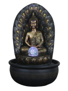 Chronikle Polyresin Brown & Golden Meditating Buddha Table Top Home Decor Indoor Water Fountain with Multicolor LED Lights, Speed Controller Pump & Rotating Ball (Size: 42 x 25 x 25 CM | Weight: 2330 grm)