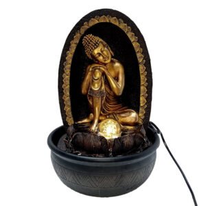 Chronikle Polyresin Brown & Golden Buddha Table Top Home Decor Indoor Waterfall Fountain with Yellow LED Lights, Water Flow Controller Pump & Rotating Ball (Size: 40 x 25 x 25 CM | Weight: 2290 grm )