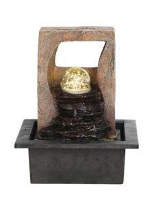 Chronikle Polyresin Chocolate Designer Table Top Indoor Home Decor Waterfall Fountain with Yellow LED Lights, Speed Controller Pump & Rotating Ball ( Size: 25.5 x 21 x 18.5 CM | Weight: 1145 grm )
