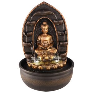 Chronikle Polyresin Brown & Golden Meditating Buddha Table Top Home Decor Both Side 5 Steps Water Fountain with Yellow LED Lights & Speed Controller Pump ( Size: 40.5 x 25 x 25 CM | Weight: 2150 grm )