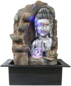 Chronikle Polyresin Buddha Showing Namaskara Sign Table Top Home Decor 4 Steps Water Fountain with Multicolor LED, Speed Controller Pump & Rotating Ball (Size: 40 x 29.5 x 22CM | Color: Brown & Silver)