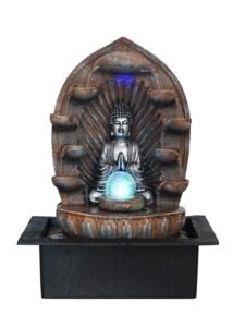 Chronikle Brown & Silver Buddha Showing Namaskara Mudra Table Top Indoor Water Fountain with 5 Steps Waterfall, LED Multicolor Light, Water Flow Controller Pump and Rotating Ball ( Size: 40 x 29.5 x 22 CM | Color: Brown & Silver )
