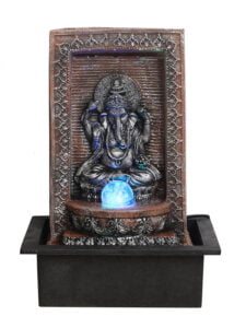 Chronikle Polyresin Table Top Ganesha Idol Indoor Home Decor Waterfall Fountain with Lights, Multicolor LED Lights, Water Flow Controller Pump & Rotating Ball ( Size: 41 x 29.5 x 22 CM | Color: Brown & Silver )