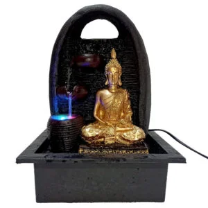 Chronikle Polyresin Brown & Golden Meditating Buddha Table Top Home Decor 3 Steps Indoor Water Fountain with Multicolor LED Lights & Water Flow Controller Pump (Size: 39 x 29.5 x 22 CM | Weight: 1140 grm)