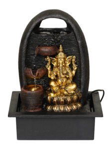 Chronikle Polyresin Table Top Ganesha Idol Indoor Home Decor 3 Diya Steps Waterfall Fountain with Yellow LED Lights & Water Flow Controller Pump ( Size: 39 x 29.5 x 22 CM | Color: Brown & Golden )