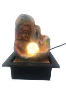 Chronikle Polyresin Brown Buddha Table Top Home Decor Indoor 3 Steps Water Fountain with Yellow LED Lights, Water Flow Controller Pump and Rotating Ball (Size: 27 x 21 x 18.5 CM | Weight: 1230 grm)