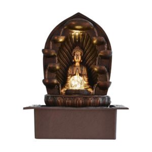 Chronikle Polyresin Brown & Golden Namaskara Sign Buddha Table Top Home Decor Indoor Both Side 5 Steps Water Fountain with Yellow LED, Speed Controller Pump & Rotating Ball (Size: 40.5 x 29.5 x 22 CM)