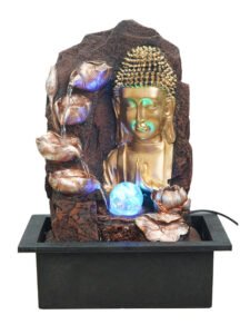 Chronikle Polyresin Brown & Golden Buddha Table Top Home Decor Indoor 4 Artistic Steps Water Fountain with Multicolor LED Lights, Speed Controller Pump &  Ball (Size: 40 x 29.5 x 22 CM | Weight: 2765 grm)