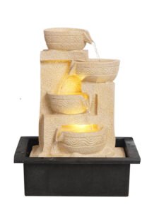 Chronikle Polyresin Table Top Cream Color Designer Indoor Home Decor 4 Diya Steps Waterfall Fountain with Yellow LED Lights & Water Flow Controller Pump (Size: 38 x 29.5 x 22 CM | Weight: 2000 grm)