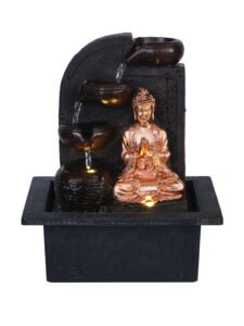 Chronikle Polyresin Table Top Brown & Golden Namaskara Mudra Buddha Home Decor Indoor 3 Steps Water Fountain with Yellow LED Lights & Speed Controller Pump (Size: 25 x 21 x 18.5 CM | Weight: 1170 grm)