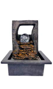Chronikle Polyresin Designer Table Top Indoor Home Decor Waterfall Fountain with Yellow LED Lights, Speed Controller Pump & Rotating Ball (Size: 21 x 18.5 x 25.5 CM | Weight: 1145 grm | Color: Brown)