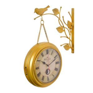 Chronikle Antique Metal Golden Color Home Decor Bird Theme Double Sided Roman Numerals Railway/Metro Station Hanging Wall Clock ( Size: 36 x 8 x 51 CM | Weight: 3580 grm | Color: Golden )