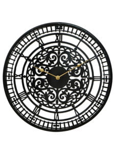 Chronikle Designer Round Black Analog Metal Home Golden Needle Roman Figure Wall Clock With Non-Ticking Movement ( Size: 45 x 1 x 45 CM | Weight: 1380 grm | Color: Black )