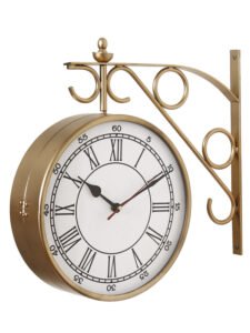 Chronikle Antique Metal Roman Numerals Double Sided Golden Color Station Hanging 10" Wall Clock With Non- Sticking Movement ( Size: 36 x 8 x 36 CM | Weight: 3580 grm | Color: Golden )