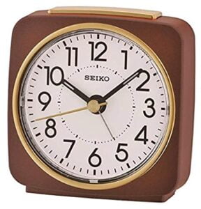 Seiko Elegant Square Brown Plastic Analog Alarm Table Clock With Sweep Movement ( Size: 9.5 x 5 x 10 CM | Weight: 110 grm | Color: Brown )