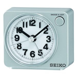 Seiko Elegant White Square Plastic Analog Beep Alarm Table Clock with Sweep Movement ( Size: 7.4 x 3.8 x 6.5 CM | Weight: 100 grm | Color: White )
