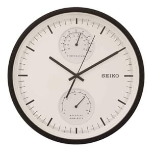Seiko Elegant Round Black Plastic Analog Home Decor Wall Clock with Thermometer, Hygrometer & Sweep Movement ( Size: 30.4 x 4.6 x 30.4 CM | Weight: 970 grm | Color: Black )