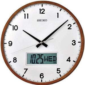 Seiko Elegant Round Brown Wooden Analog Home Decor Full Figure Wall Clock With Showing Day/Date ( Size: 33 x 5.5 x 33 CM | Weight: 1050 grm | Color: Brown )