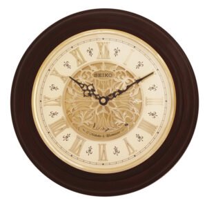 Seiko Classic Round Brown Wooden Analog Home Decor Wall Clock With Golden Dial ( Size: 31.5 x 5.7 x 31.5 CM | Weight: 1300 grm | Color: Brown )
