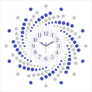 Chronikle Beautiful Crystal Decorative Analog Floral Design Round Diamond Studded Home Decor Metal Wall Clock With Silent Movement ( Size: 60 x 5 x 60 CM | Color: Blue & White | Weight: 1460 grm )