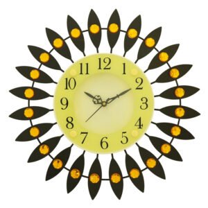 Chronikle Beautiful Floral Decorative Round Diamond Studded Analog Home/Office Decor Metal Crystal Wall Clock With Sweep Movement ( Size: 37 x 5 x 37 CM | Color: Yellow & Black | Weight: 705 grm )